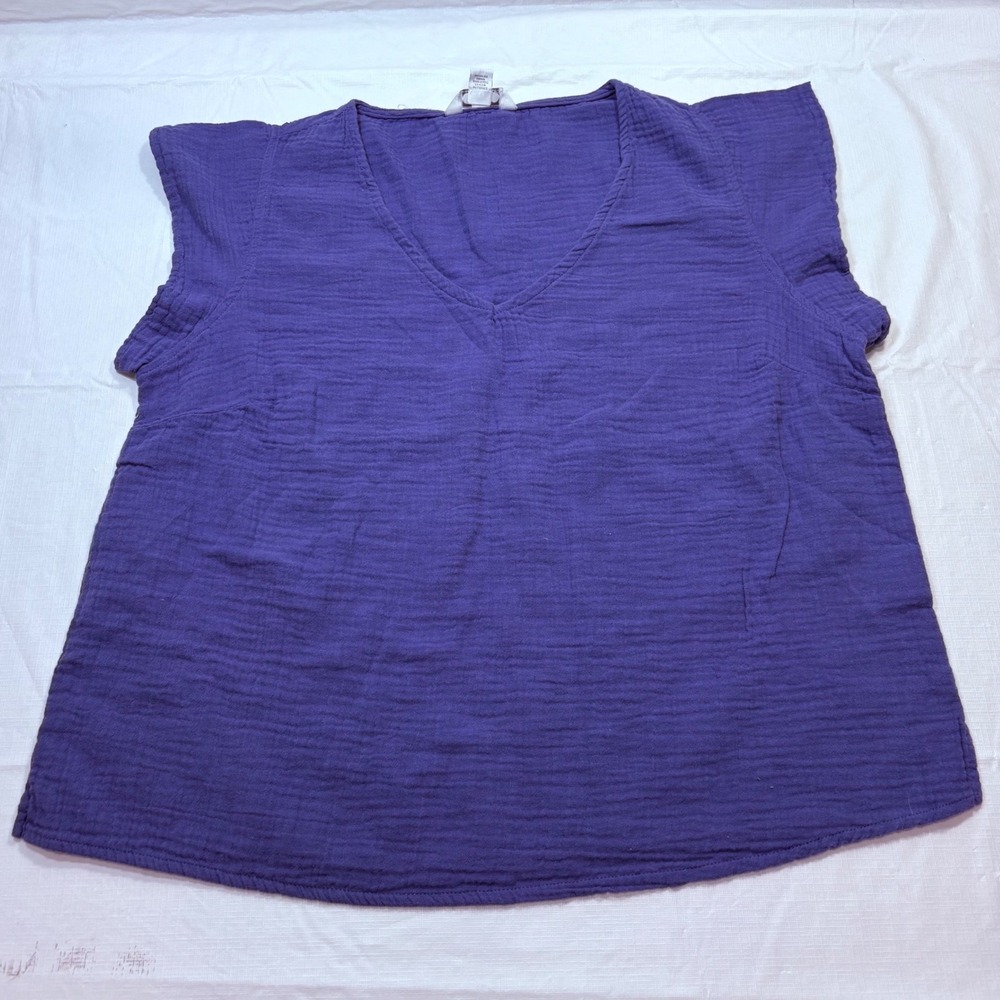 Three Dots Womens Purple 100% Cotton‎ Gauze V-Neck Short Sleeve Top Size M